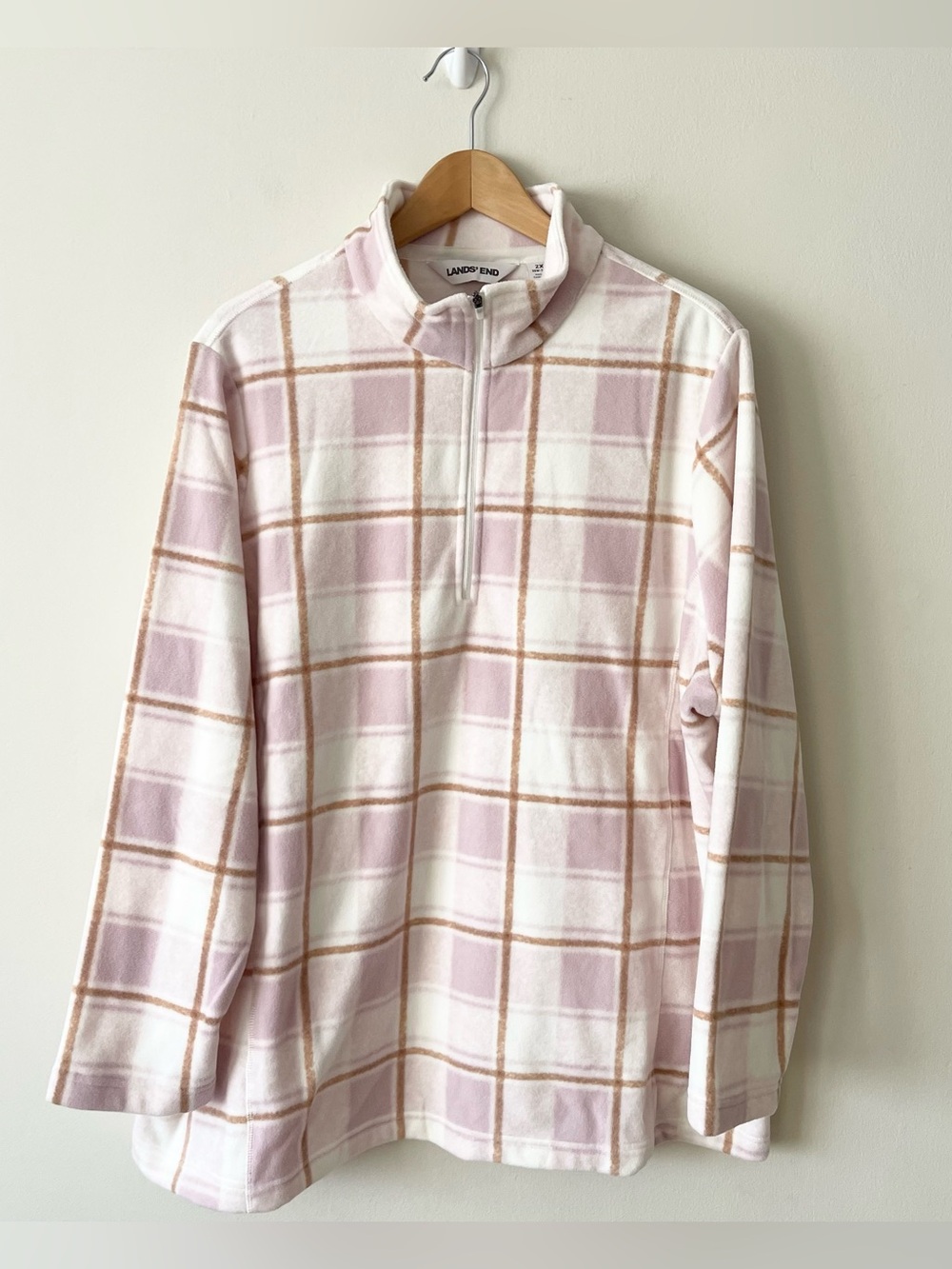 Lands' End Anyweather Light Pink and Tan Plaid Quarter-Zip Fleece Pullover 2X